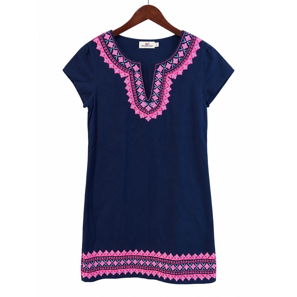 Vineyard Vines Shift Dress Womens 2 Navy Blue EUC Embroidered Cotton Linen